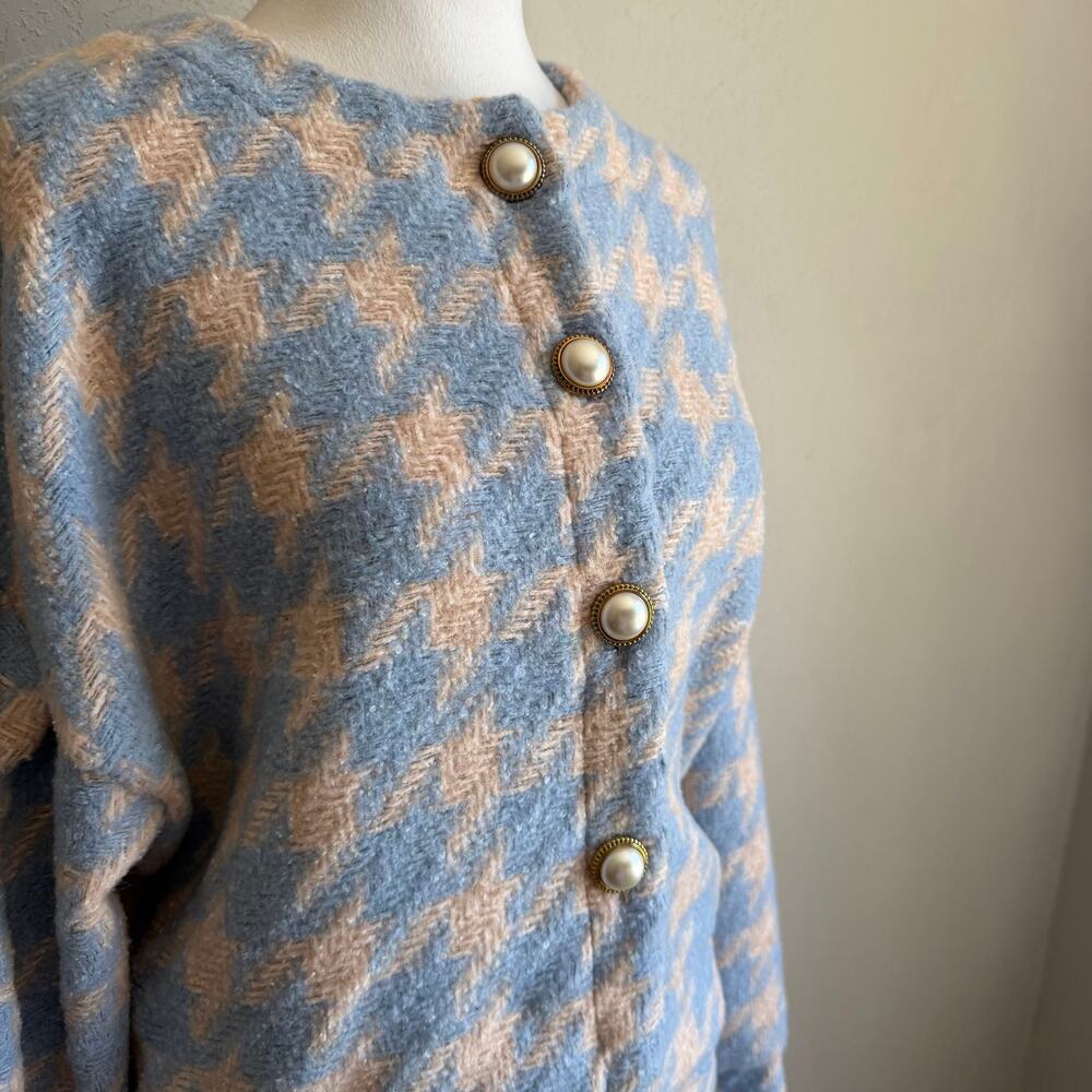 Storets Lori Houndstooth 2 Piece Set Sky Blue Pink Wool Cardigan Skirt Womens M - Picture 2 of 10